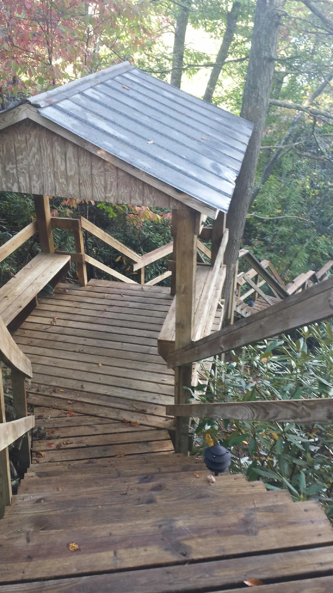 Metal roofed shelter over wooden steps on a wooded walkway — Skylight Repair & Installation work by our crew in Nickelsville
